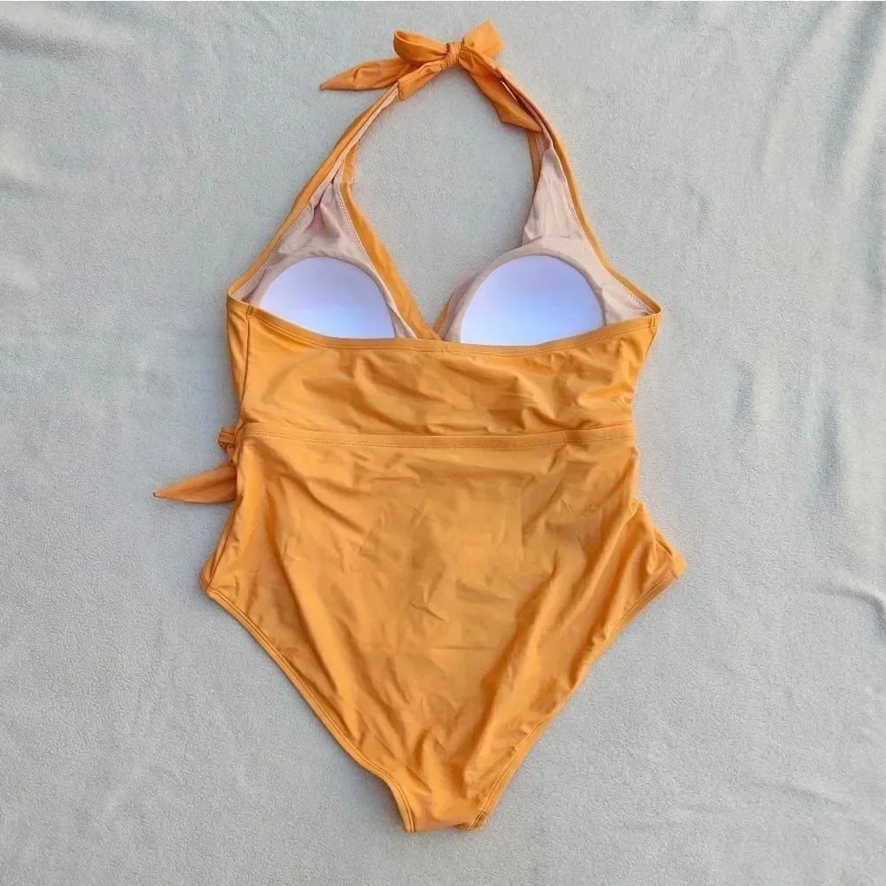 Cupshe Summer of Love Halter Belted Tummy Control Plus Size One Piece Swimsuit